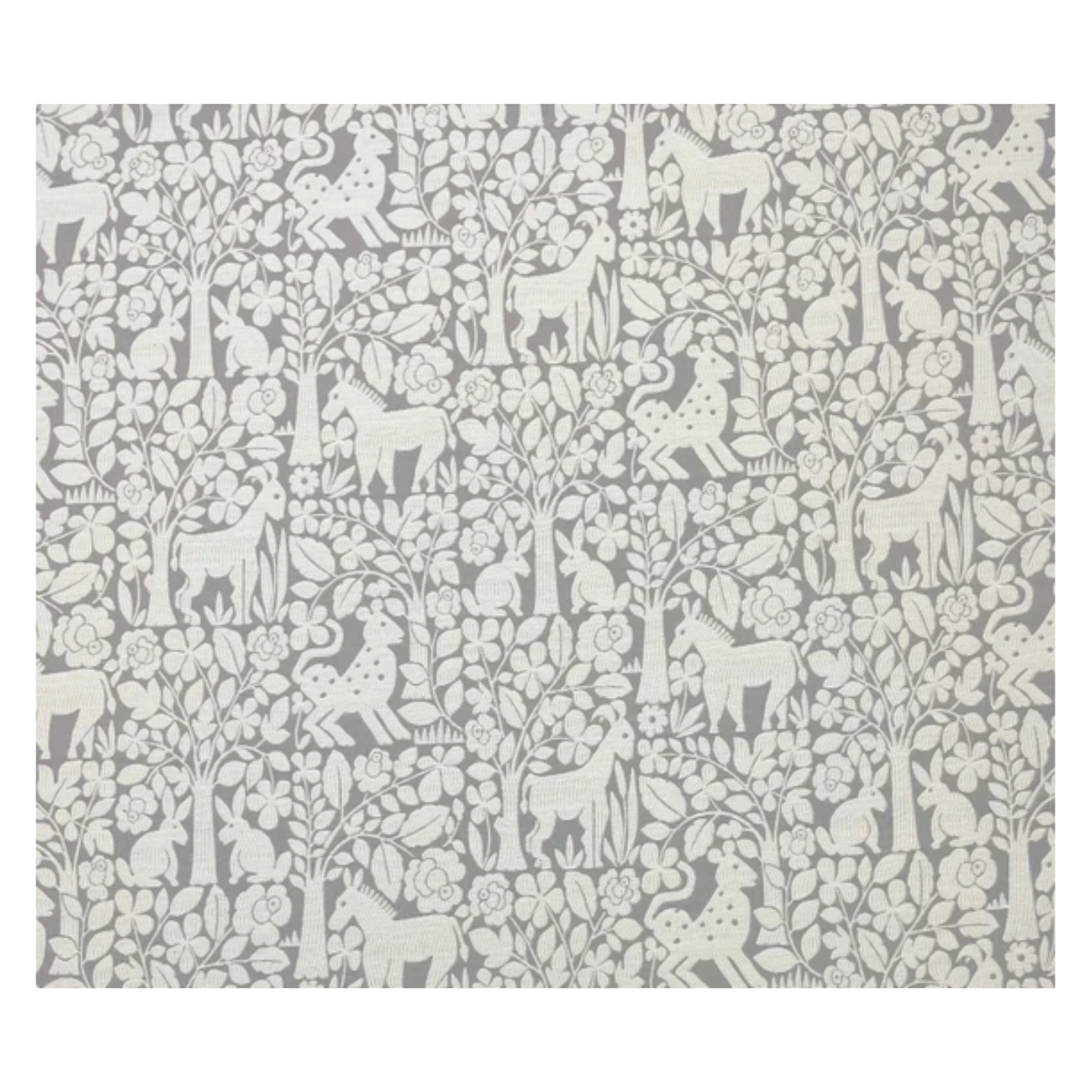 A square fabric sample featuring a repeating gray and off-white animal and floral pattern, shown against a plain white background.