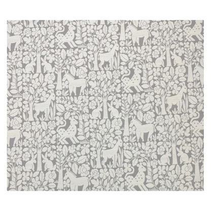 A square fabric sample featuring a repeating gray and off-white animal and floral pattern, shown against a plain white background.