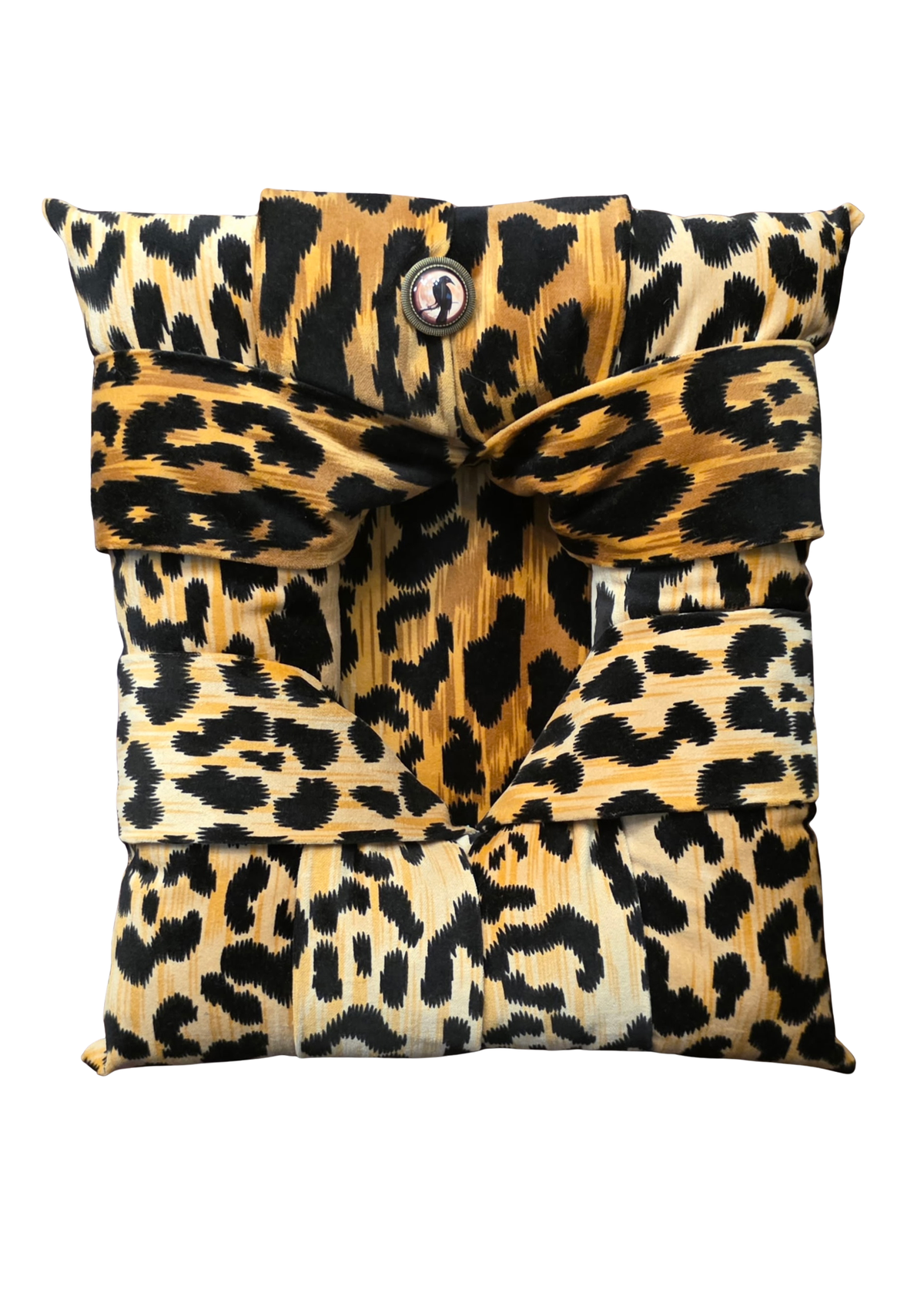  A handcrafted overstuffed picture frame in a velvet animal print fabric shown on a white background.